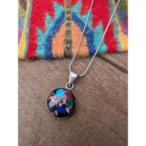 Vintage Sterling Silver Mosaic Necklace,  Southwestern Gemstone Pendant